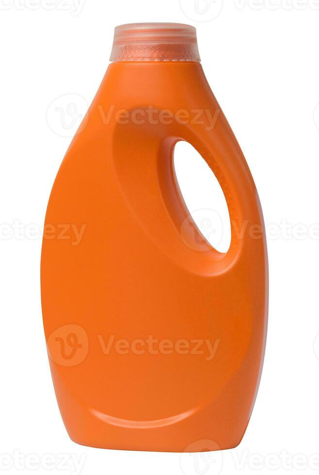 Orange plastic bottle for liquid detergents, for washing clothes on a white background photo