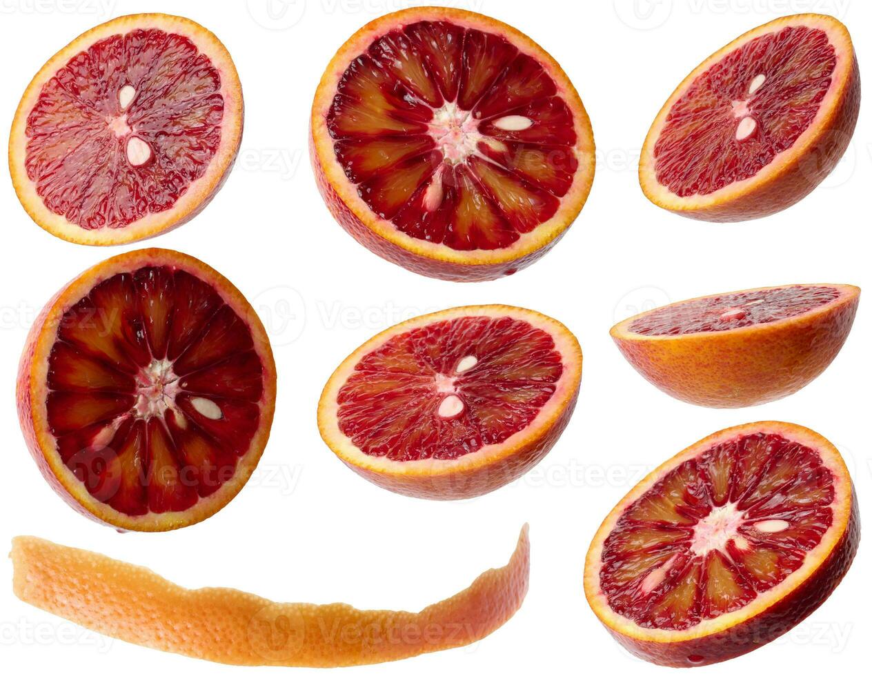 Various pieces of red orange and zest on a white isolated background photo