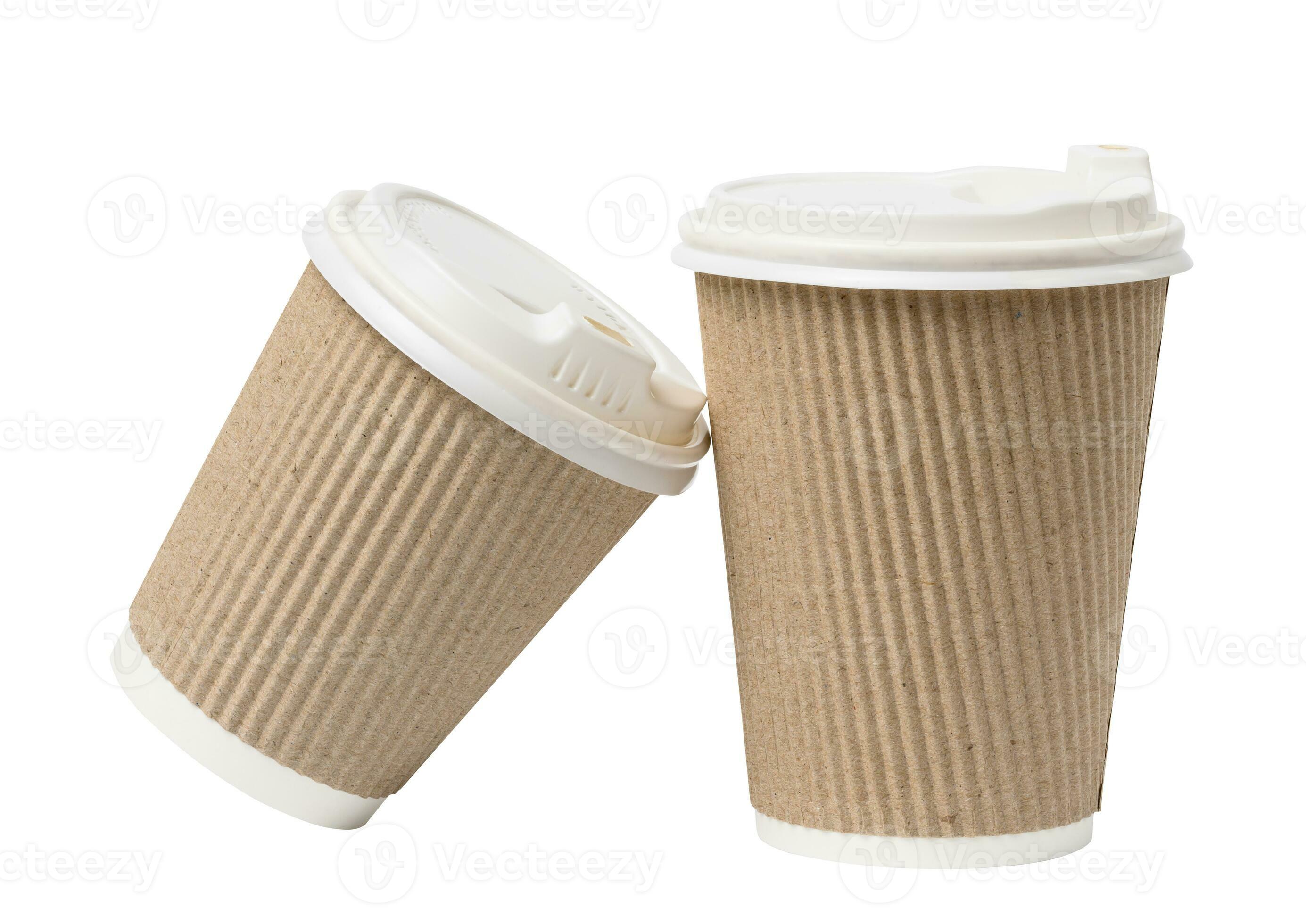 Brown paper cup made of corrugated cardboard with a plastic white lid
