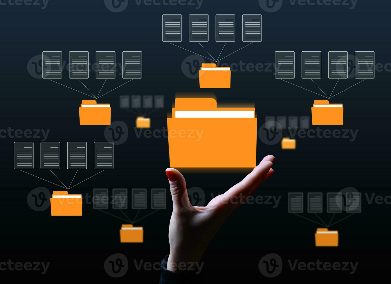 A female hand and virtual icons of folders and files, a concept of data organization and archiving, remote data management, paperless photo