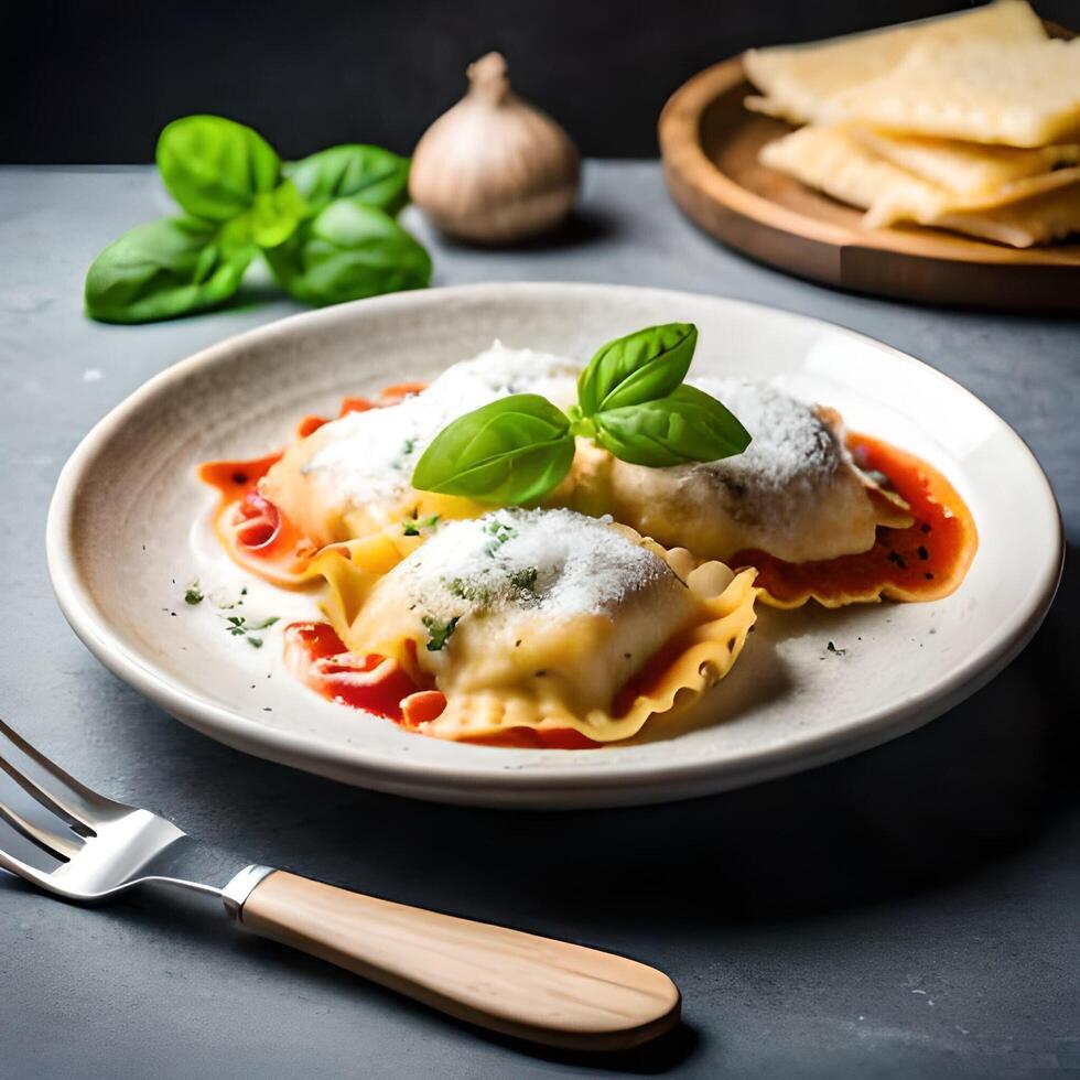 A plate of freshly made ravioli filled with ricotta cheese and herbs photo