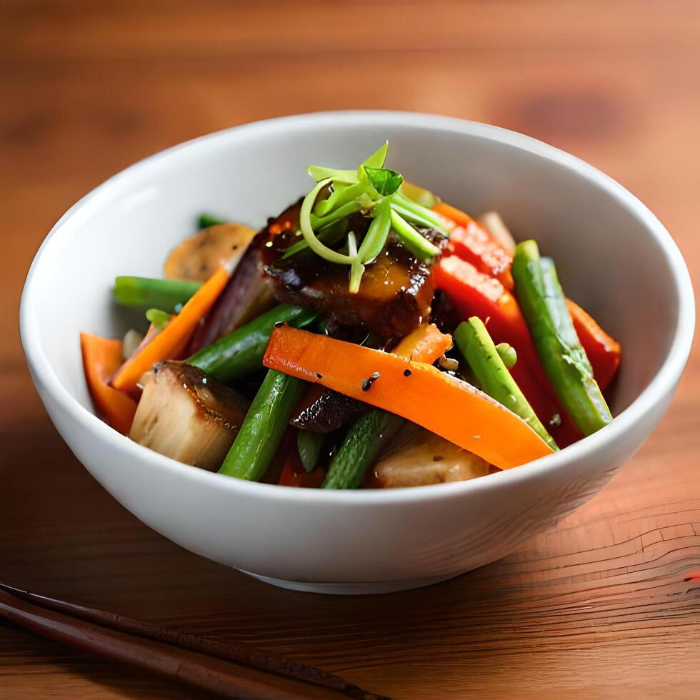 A vibrant plate of succulent stir-fried vegetables, glistening with a savory soy sauce photo