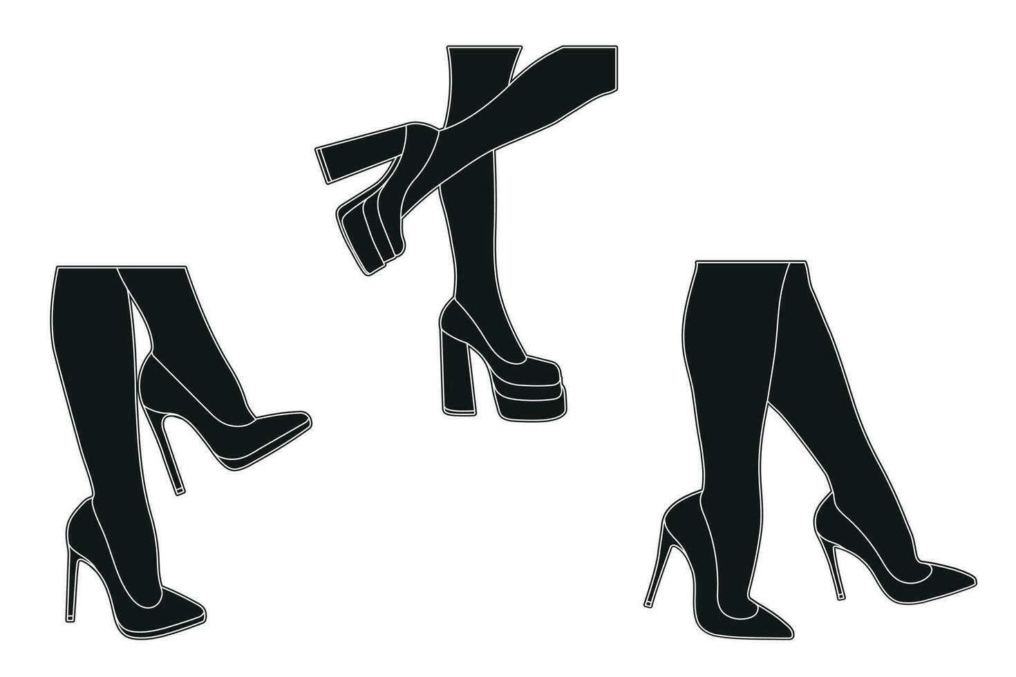 línea Arte silueta contorno de hembra piernas en un pose. Zapatos tacones de aguja, alto tacones caminando, de pie, correr, saltando, danza vector