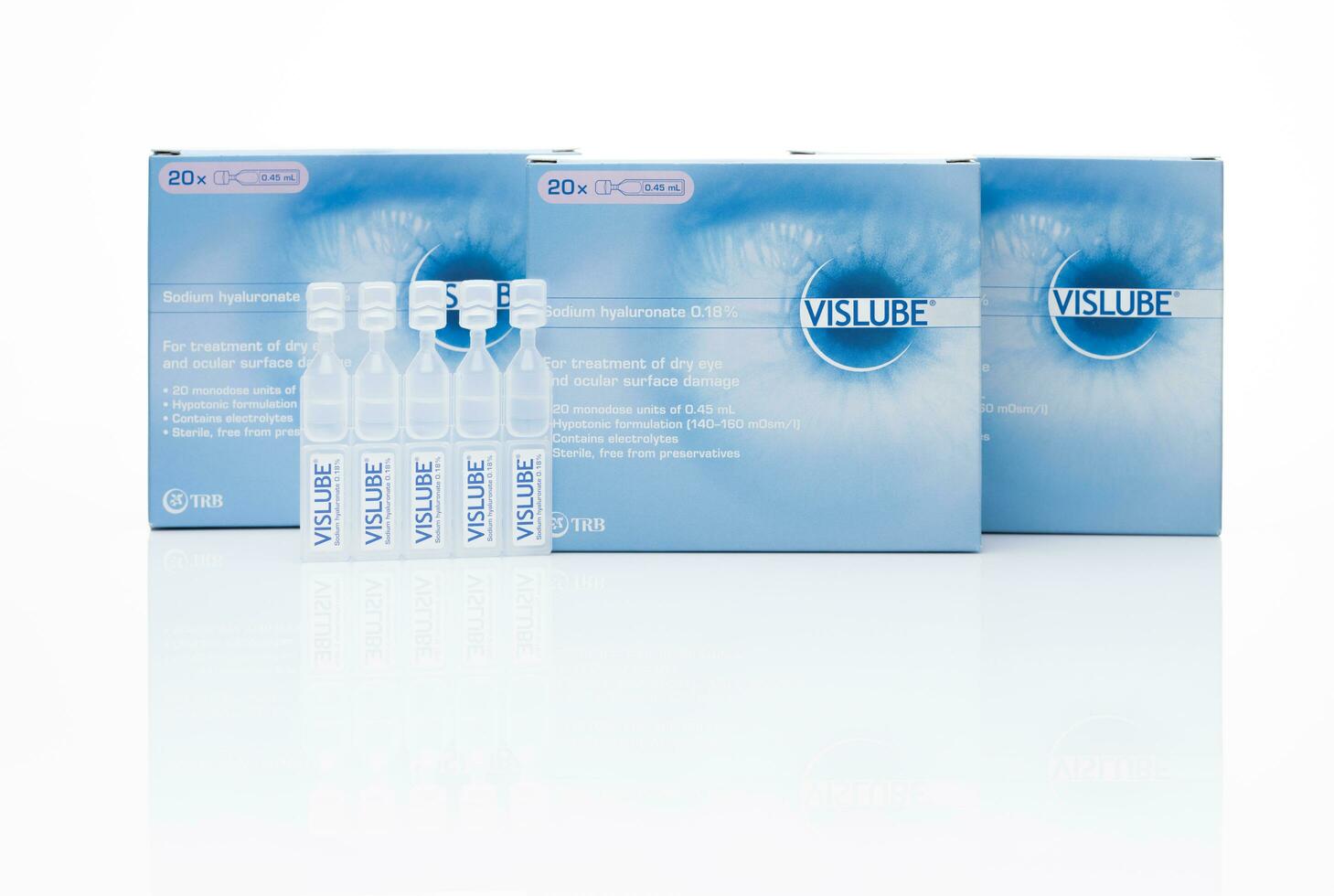 CHONBURI, THAILAND-MAY 3, 2023 Vislube artificial tears. Lubricating eye drops in plastic tube and blue package. Sodium hyaluronate eye drops for treatment dry eye. Artificial tears vial. Eye care. photo