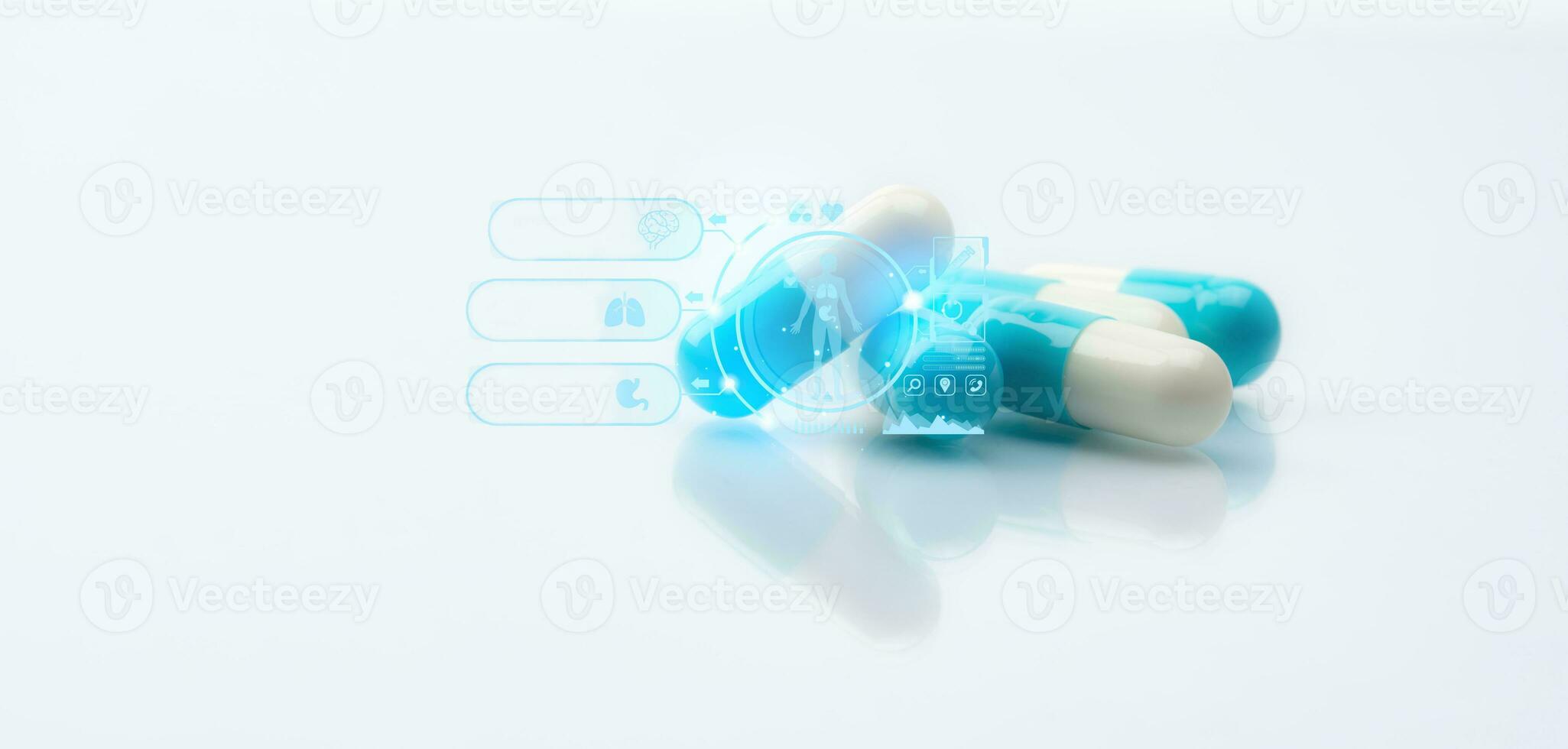 Blue and white capsule pills with pharmacokinetics concept. Diagnostic medical tool. Health checkup. Healthcare and medicine. Brain, lung, stomach, syringe, and human icons on pills. Drug metabolism. photo