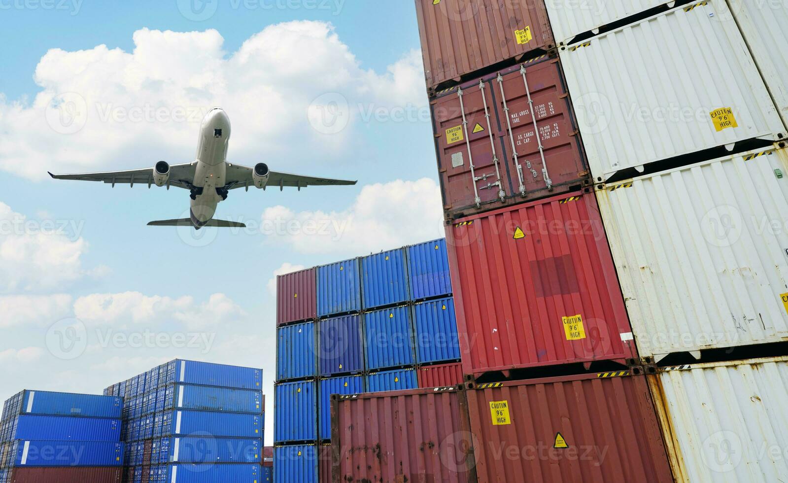 Cargo airplane flying above logistic container. Air logistic. Cargo and shipping business. Container ship for import and export logistic. Logistic industry. Container at harbor. Merchandise export. photo