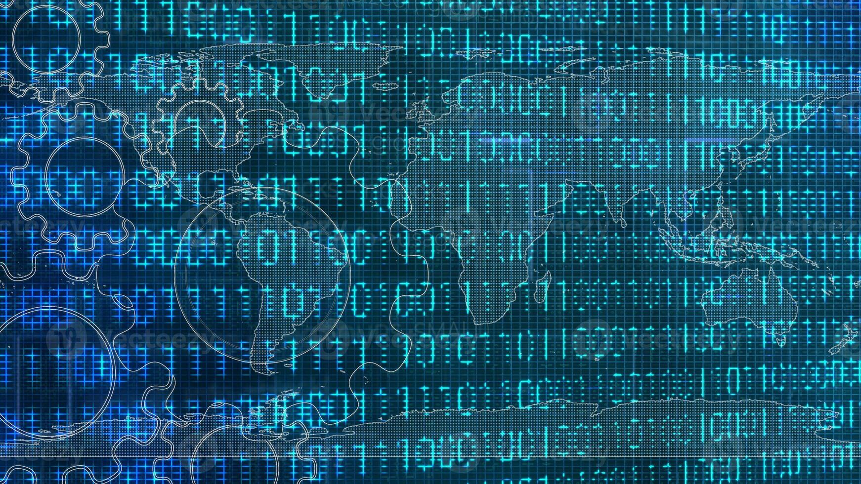 Digital Technology World Map Gear Binary Code Background photo