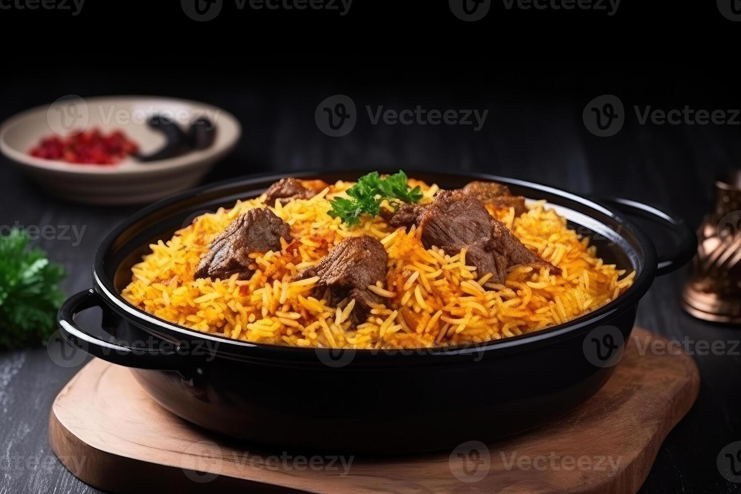 A bowl of biryani with a meat and beef dish on it. Food concept. . photo