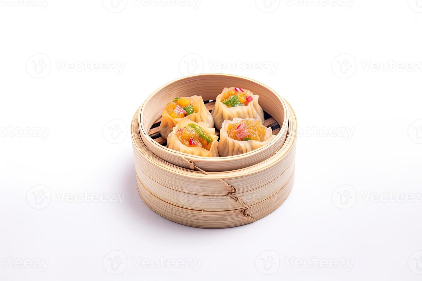 Chinese dim sum in a bamboo steamer on white background, Chinese cuisine. photo