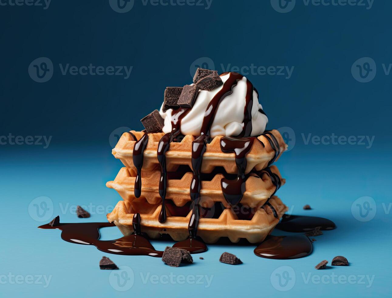 A stack of waffles with chocolate and ice cream on top with blue background. photo