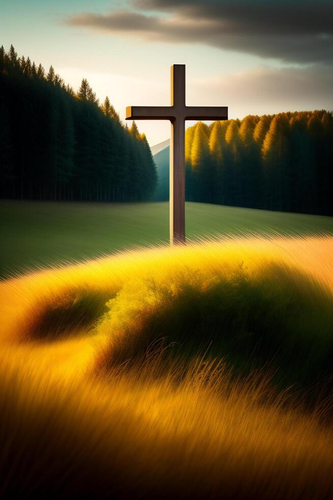 Big Wooden Cross on green nature background by lexica.art photo