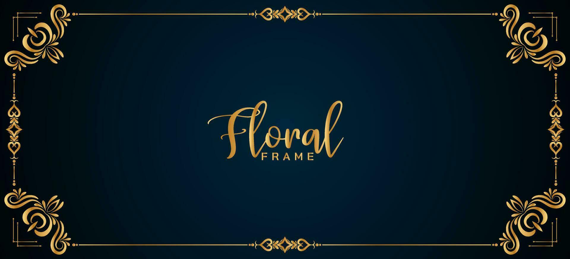 Abstract golden floral frame border dark blue banner design vector