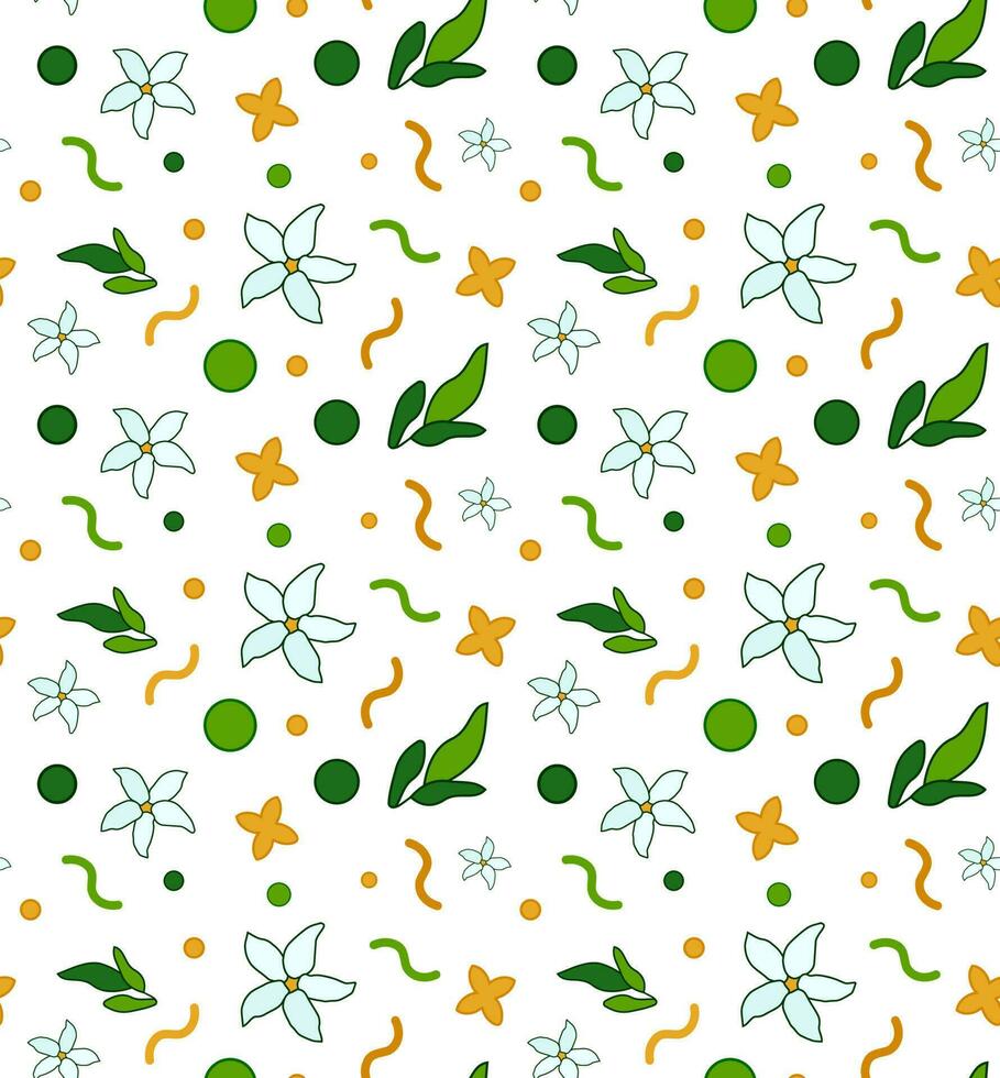 Seamless pattern leaves with flower jasmine and geometric shapes circles, dots, waves. Vector. vector
