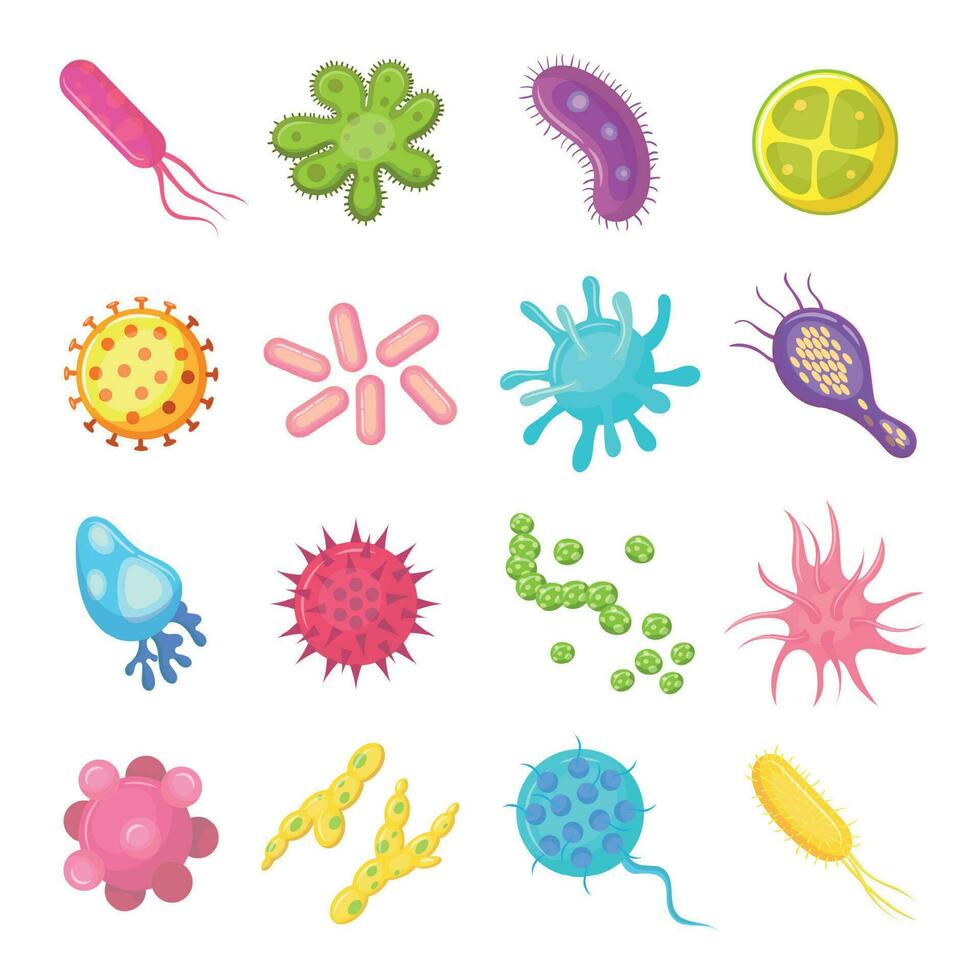 Bacteria and germs colorful set micro-organisms disease-causing objects, bacteria, viruses, fungi. Vector isolated cartoon illustration