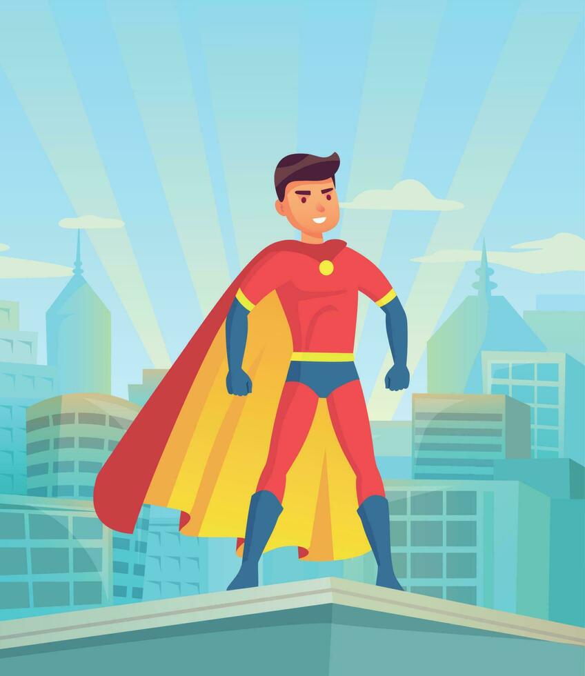 Cartoon superhero watching city. Comic powerful man, hero in super suit with cloak on town cityscape vector illustration