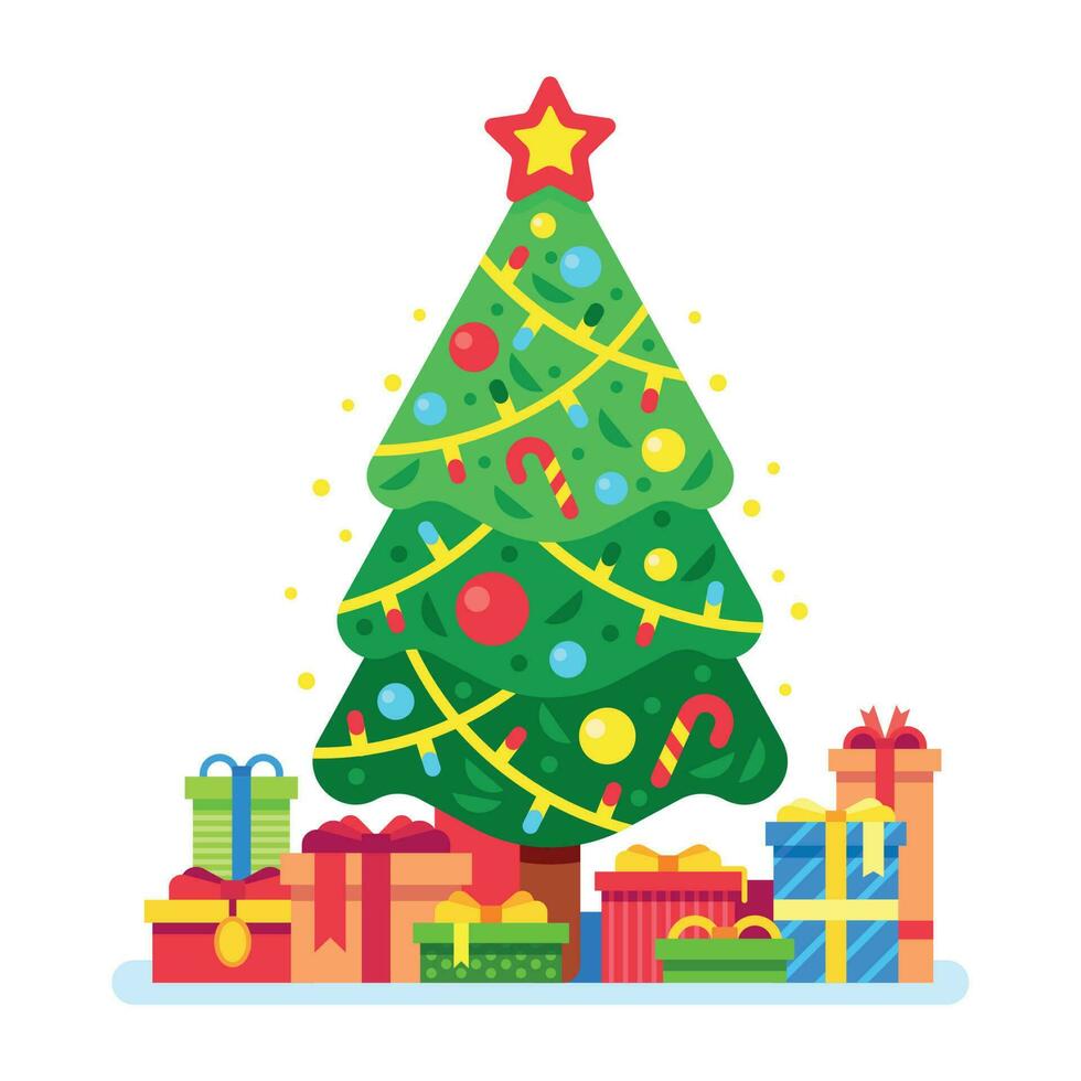 Christmas tree and gift boxes. Xmas present under green fir trees, gifts box with ribbon. Holidays presents vector flat illustration