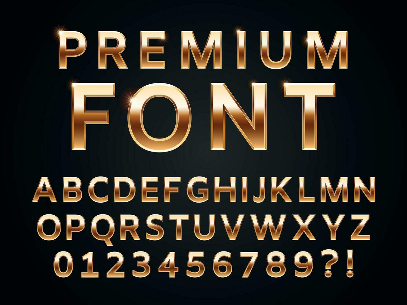 Glossy gold typeface, shine alphabet letters collection for premium text design. Golden gloss metal vector sans font