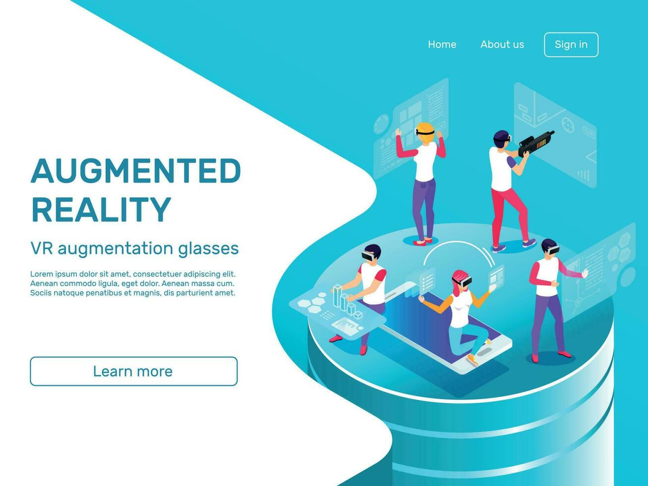 Isometric 3d people learning and working at augmented reality headset mobile gadgets. VR augmentation glasses vector illustration