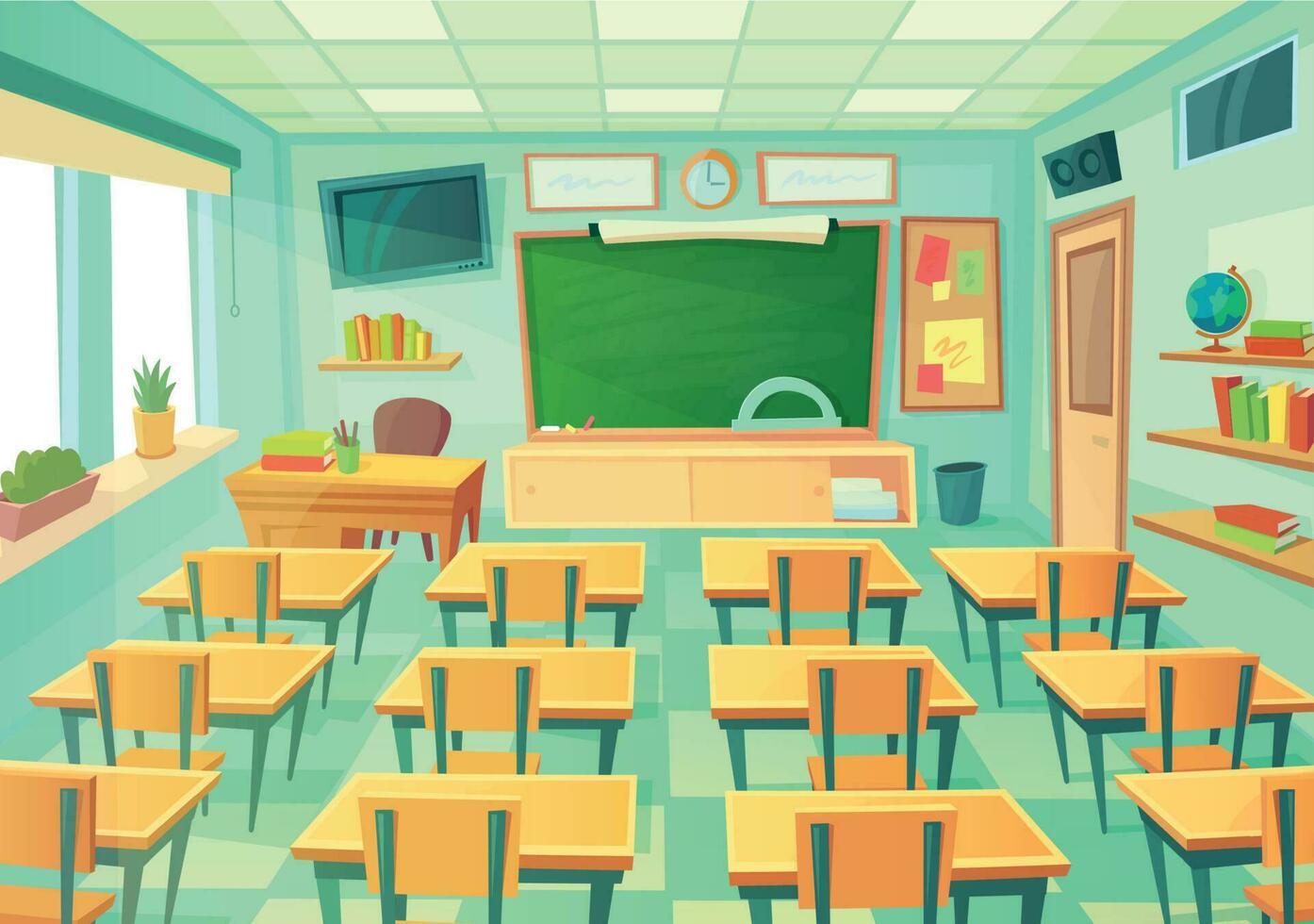 Empty cartoon classroom. School room with class chalkboard and desks. Modern mathematical classrooms interior vector illustration