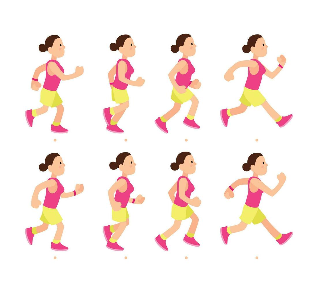 dibujos animados corriendo niña animación. atlético joven mujer personaje correr o rápido caminar. animado movimiento deporte caminando vector ilustración