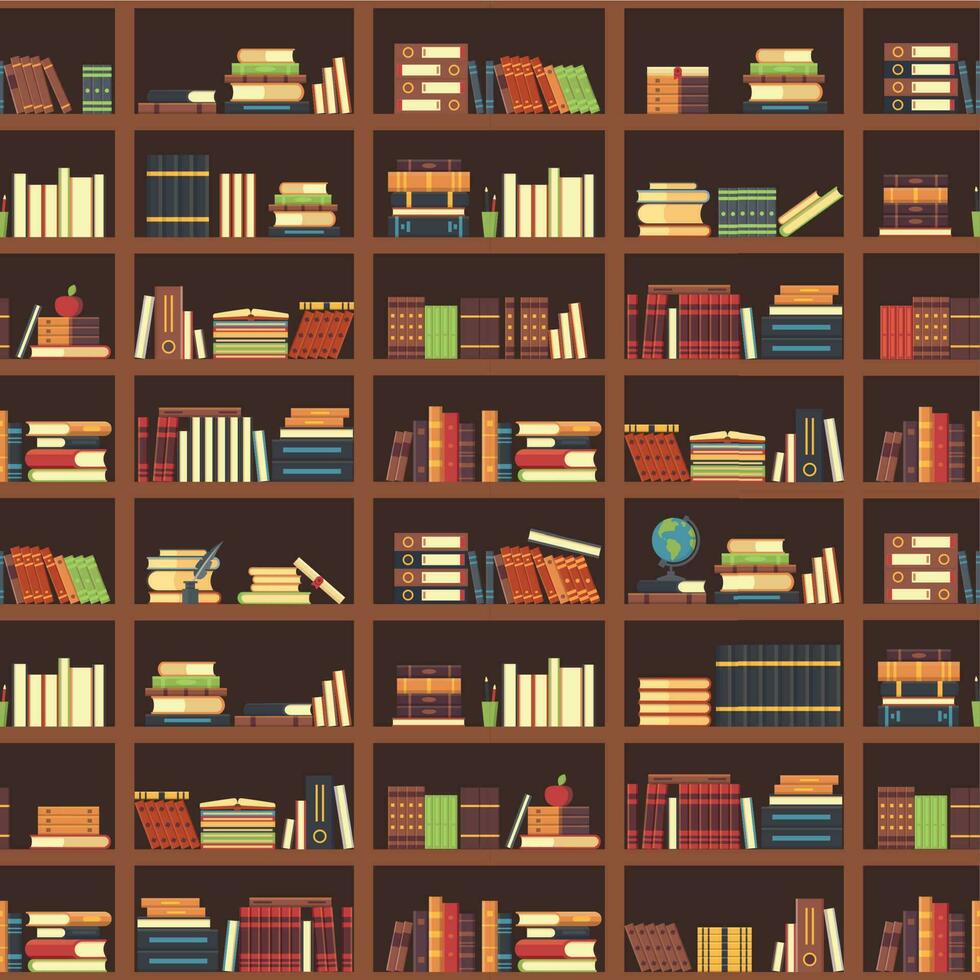 Books in bookcase seamless pattern. School book, science textbook and magazines at bookshelf. College textbooks vector background