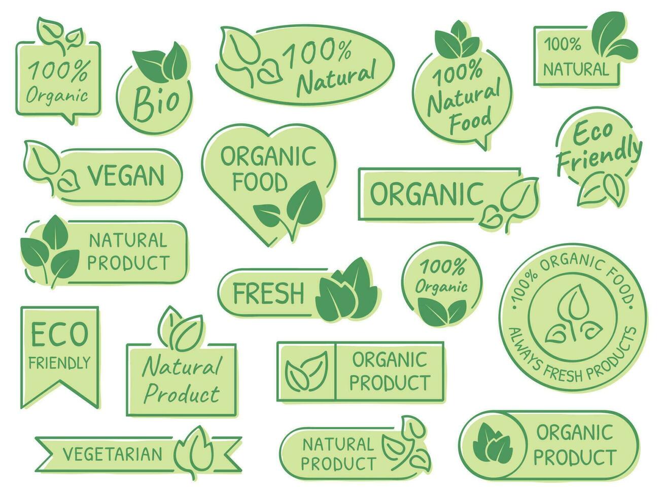 verde hojas etiquetas. ecológico, sano y natural productos certificado calidad Fresco orgánico vegetariano comida vector etiqueta concepto