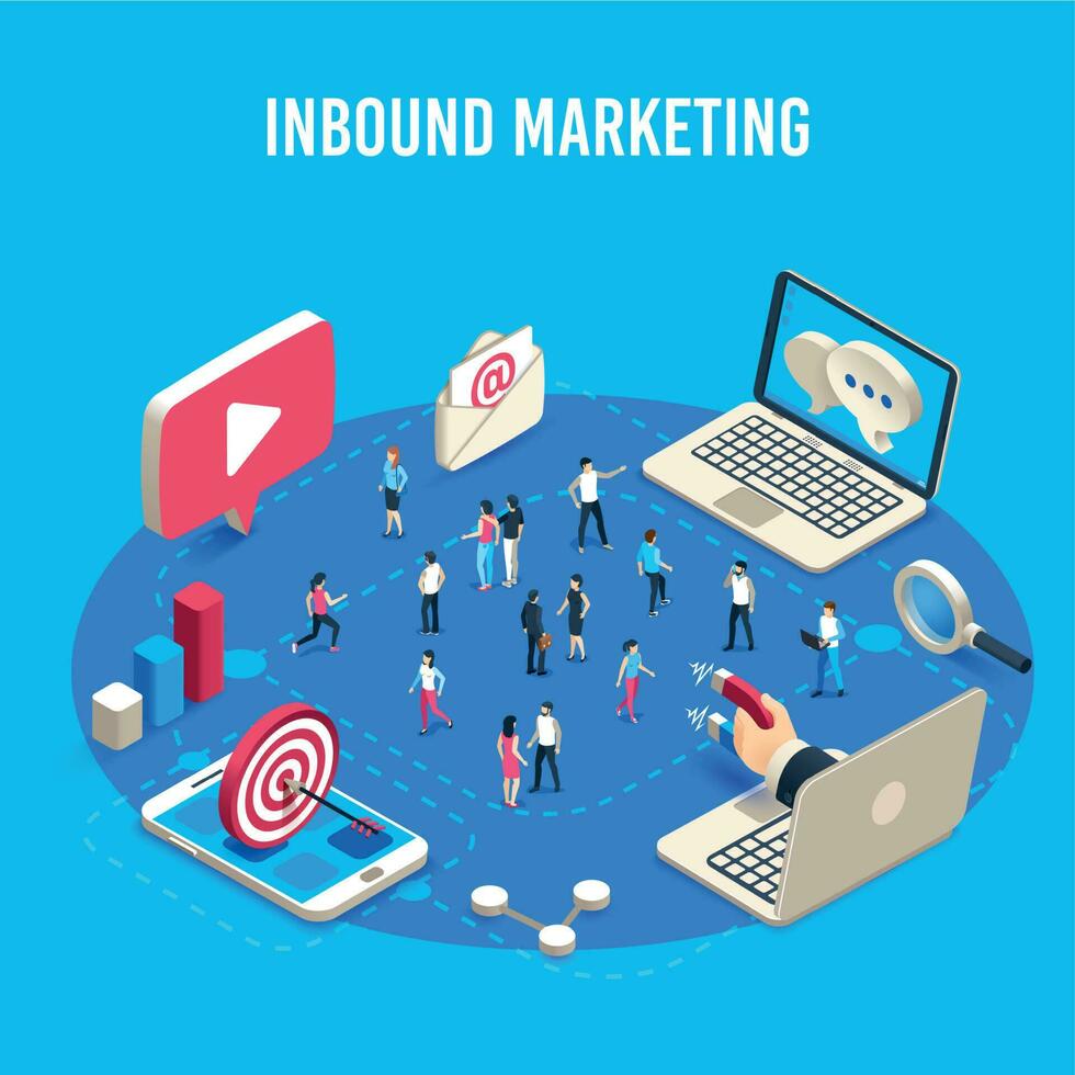 Inbound marketing isometric. Online mass market ads, business target sales ad and offline sale advancement vector concept