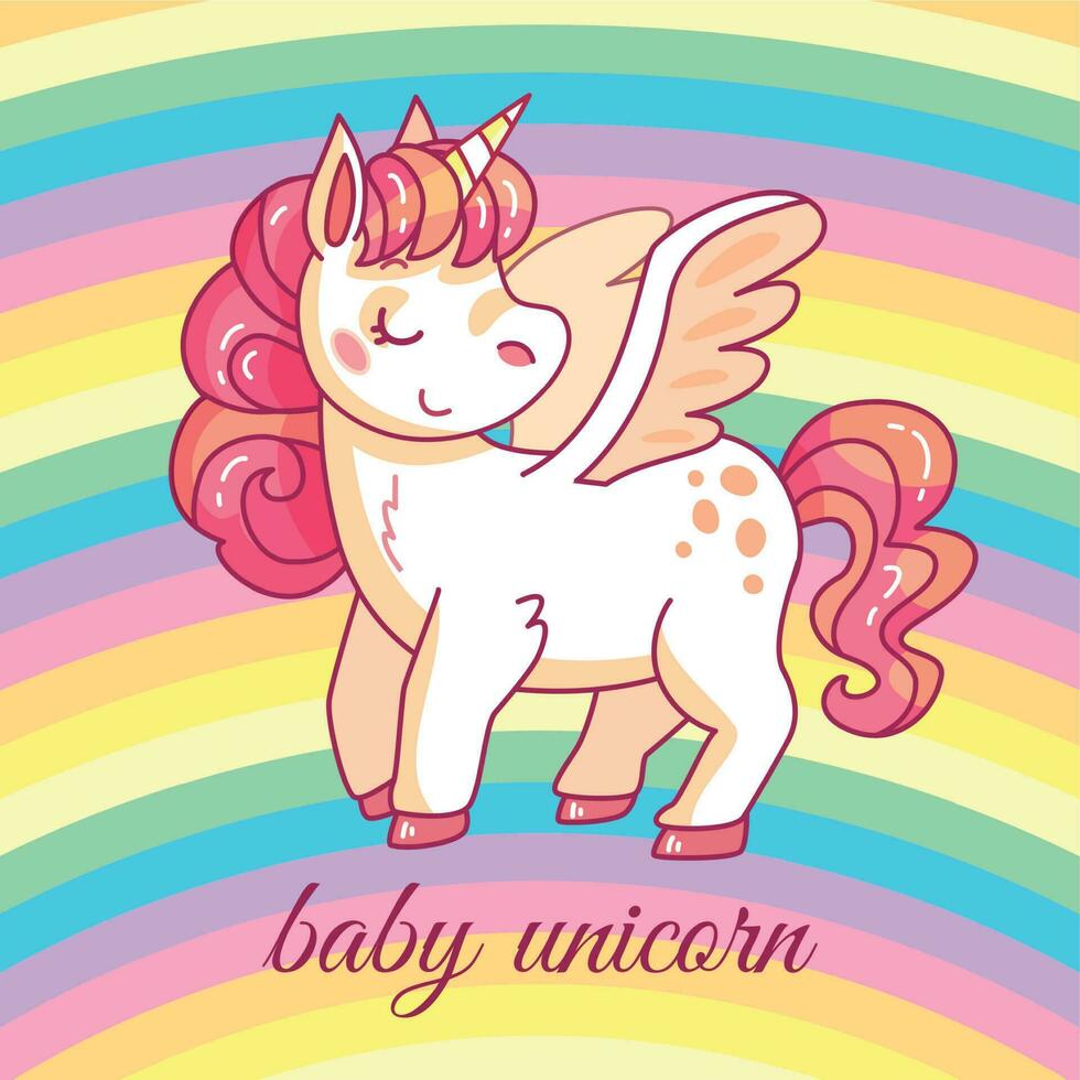 linda bebé unicornio. dibujos animados hada magia poni en arcoíris. gracioso caballo de niña camiseta o pegatina vector diseño