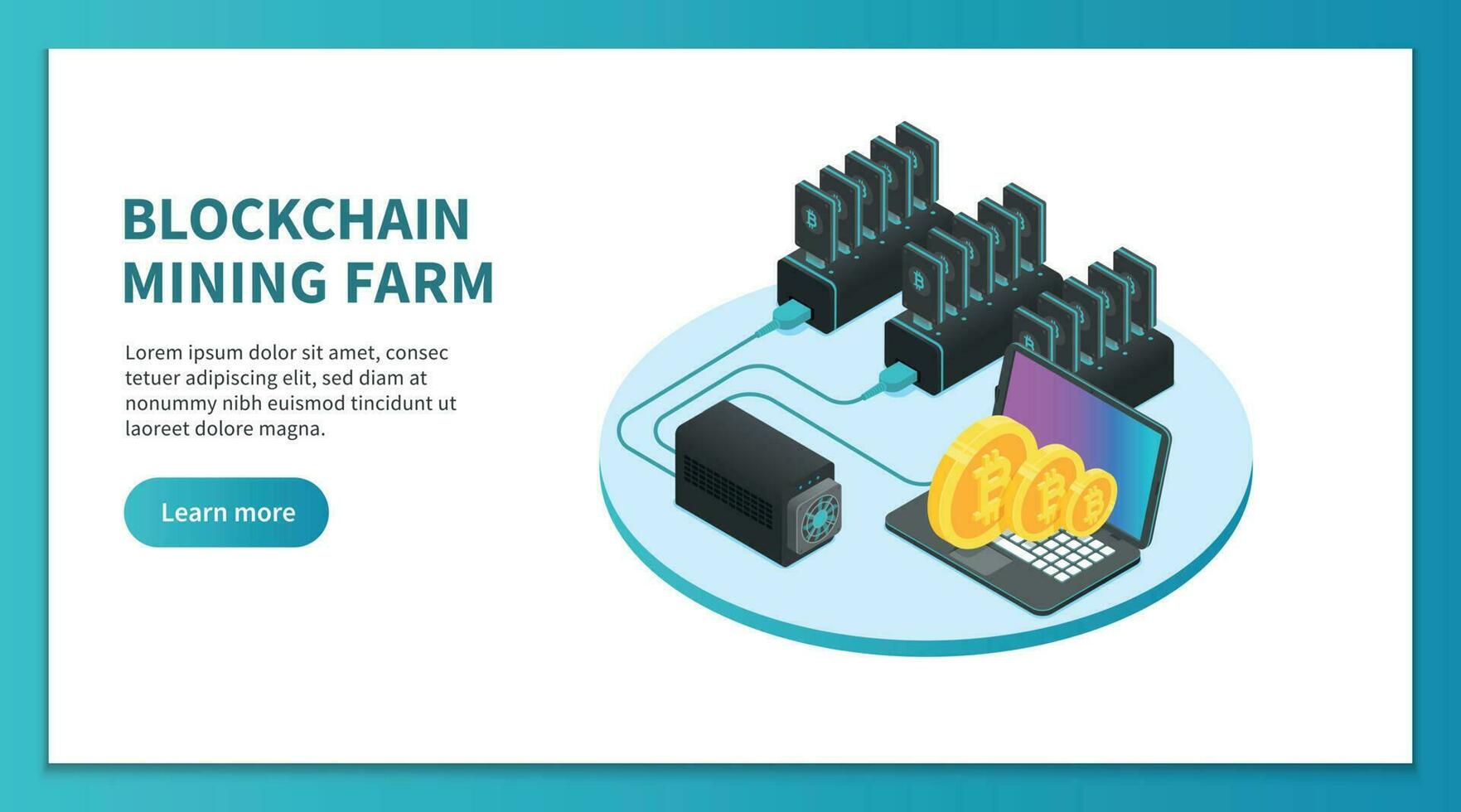 Bitcoin mining isometric concept. Cryptocurrency mining farm, bitcoin marketplace platform. Crypto business vector landing page