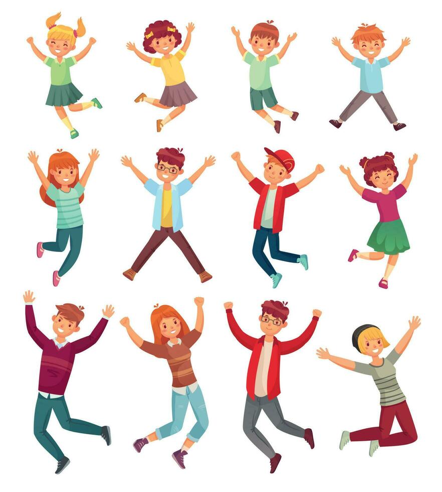 Jumping kids. Excited childrens jump, happy jumped teenagers and smiling child jumps cartoon vector illustration set