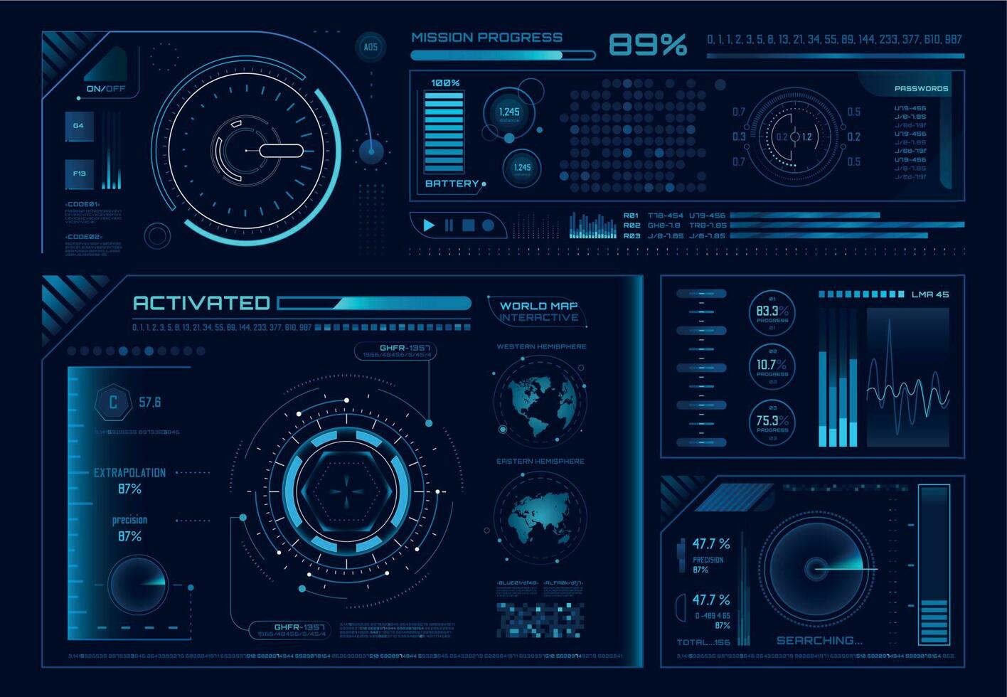 Futuristic hologram ui. Science hud interfaces, graph interface frames and tech regulators or button design elements vector set