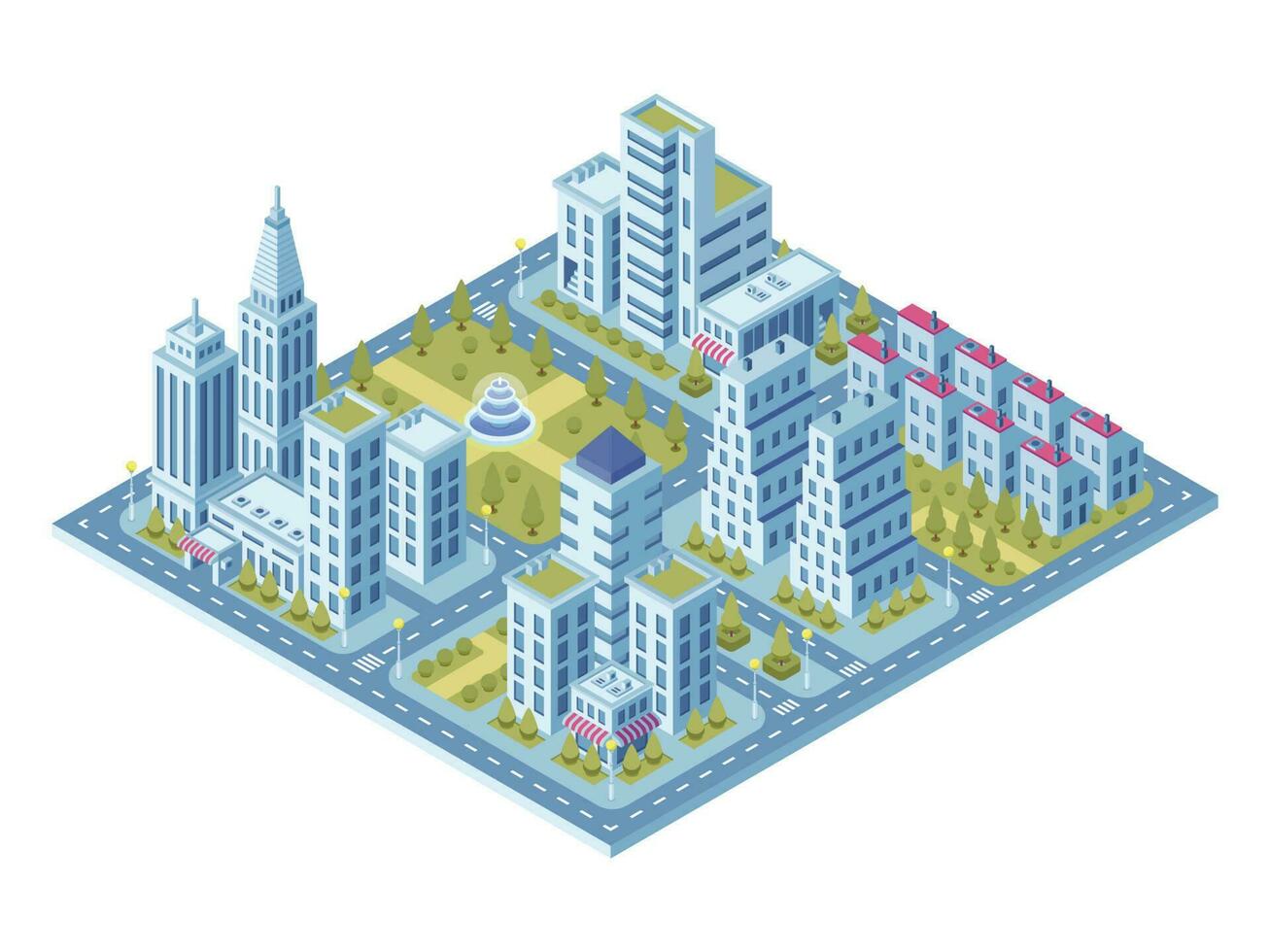 Modern city buildings, police station, road with cars and supermarket building. Town lofts apartments vector 3d isometric set