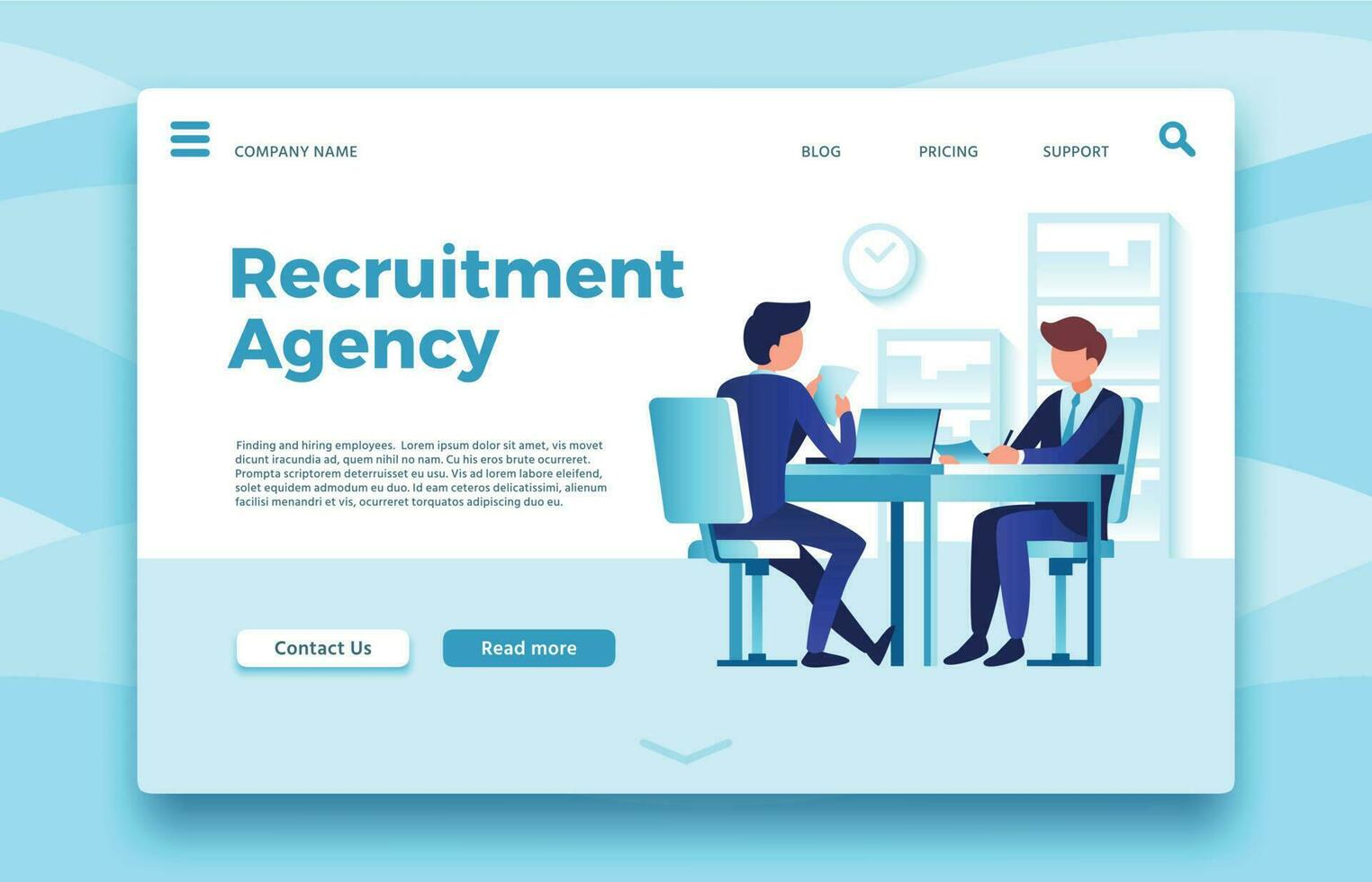 Recruitment agency. Business employment landing page, finding and hiring employees agencies online site vector template