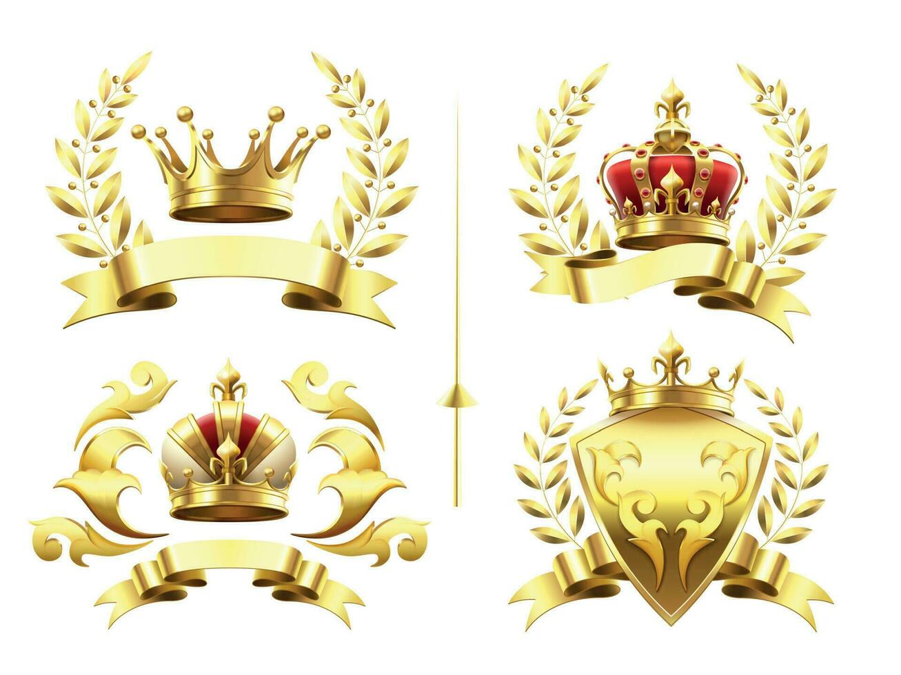 Realistic heraldic emblems. Insignia with golden crown, gold crowning medal and emblem with royal crowns on shields 3d vector set