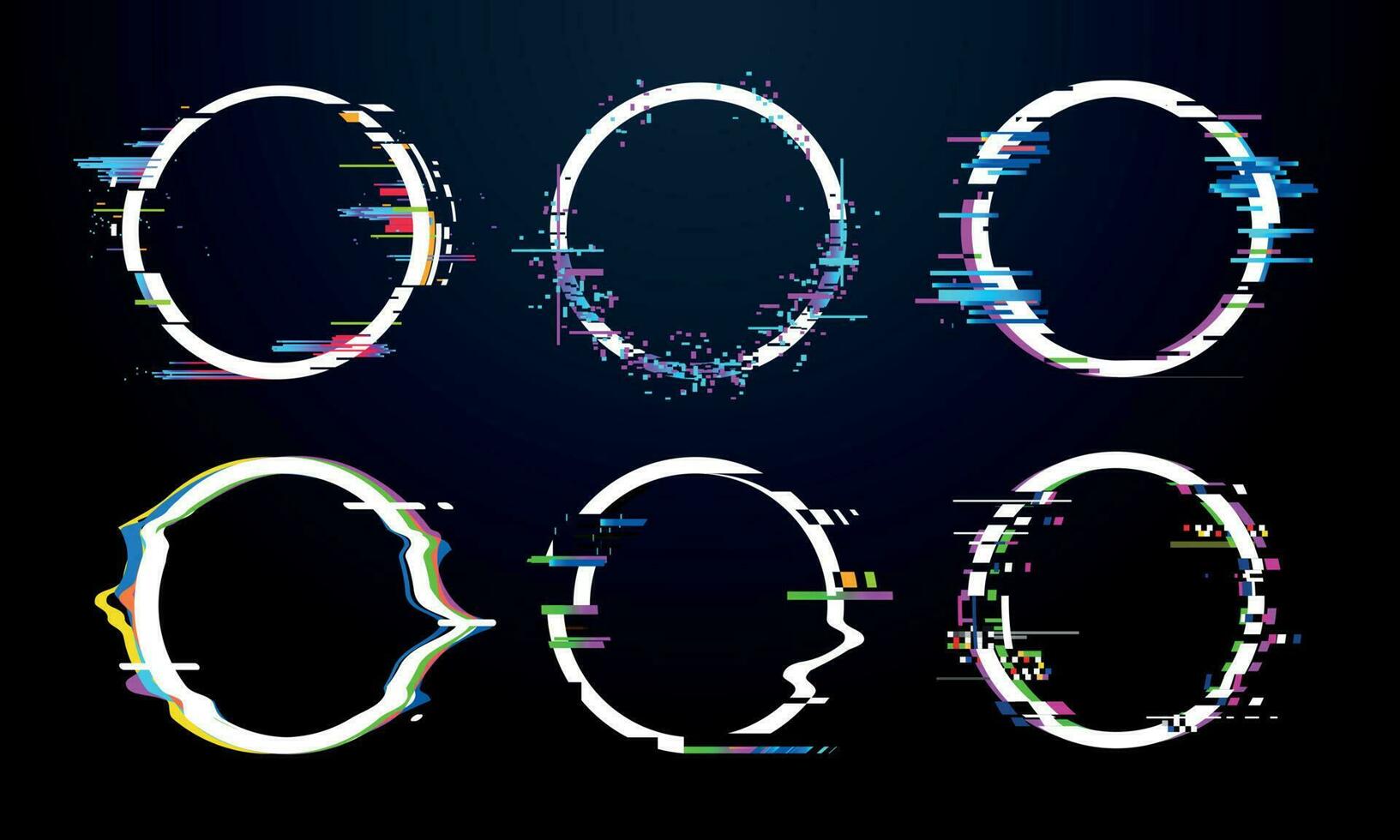 Glitch circle frame. Tv distorted signal chaos, glitched ring light effect distortion frames and flaw glitches bug circles vector set