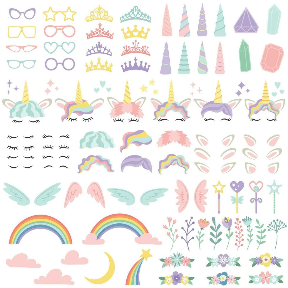 Pony unicorn face elements. Pretty hairstyle, magic horn and little fairy crown. Unicorns head creative vector illustration set