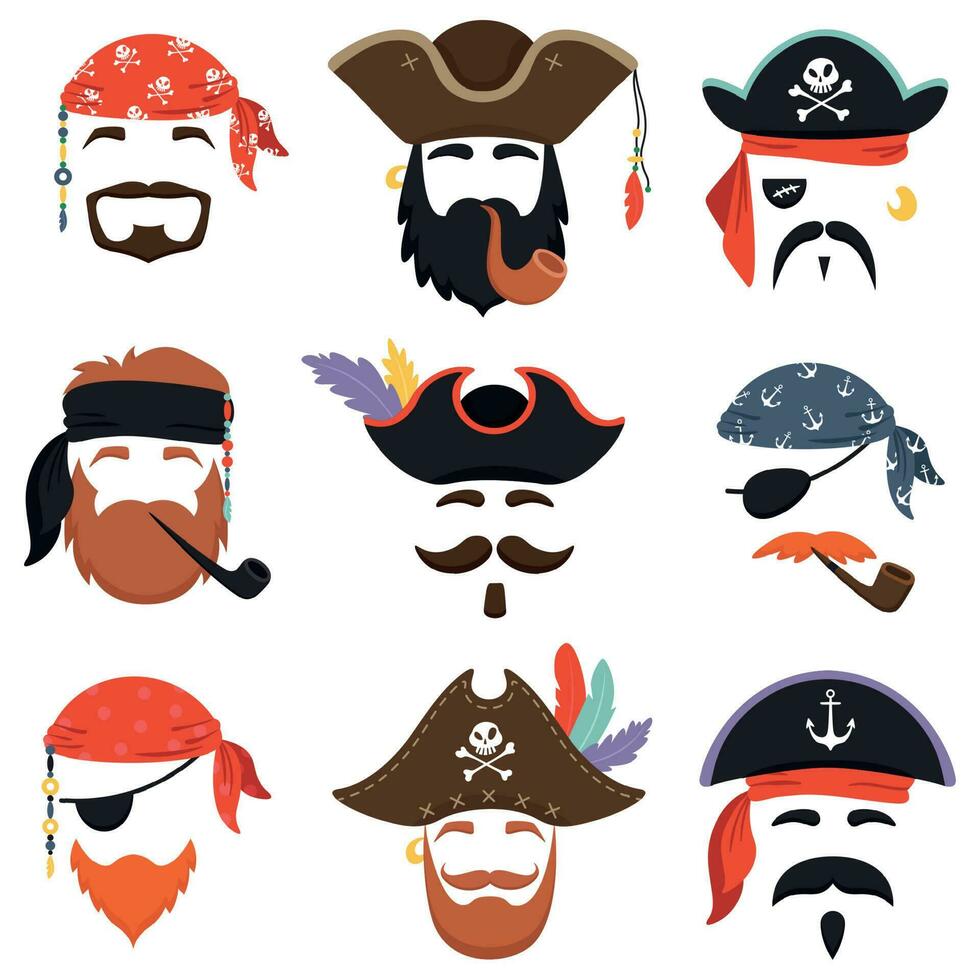 Carnival pirate mask. Funny sea pirates hats, journey bandana with dreadlocks hair and smoke pipe isolated masks vector set