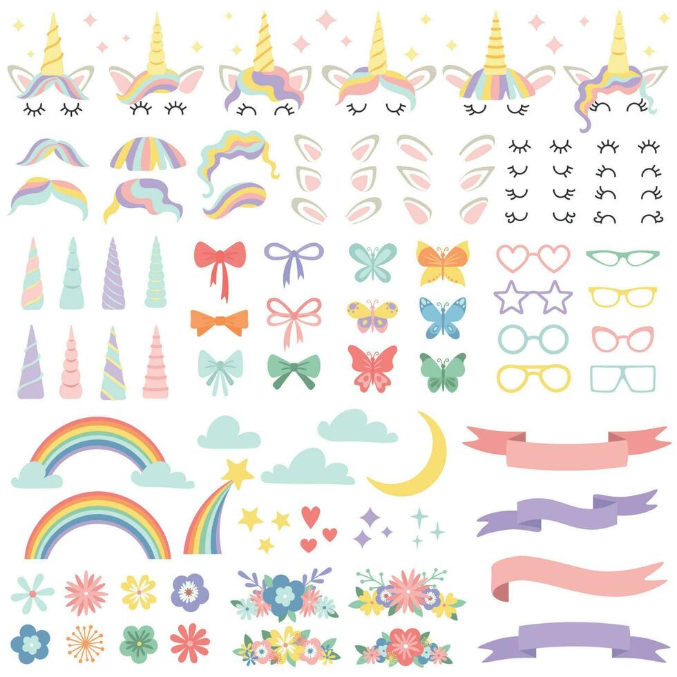 unicornio constructor. poni melena peinado manojo, unicornios cuerno y fiesta estrella lentes. flores, magia arco iris y cabeza arcos vector conjunto