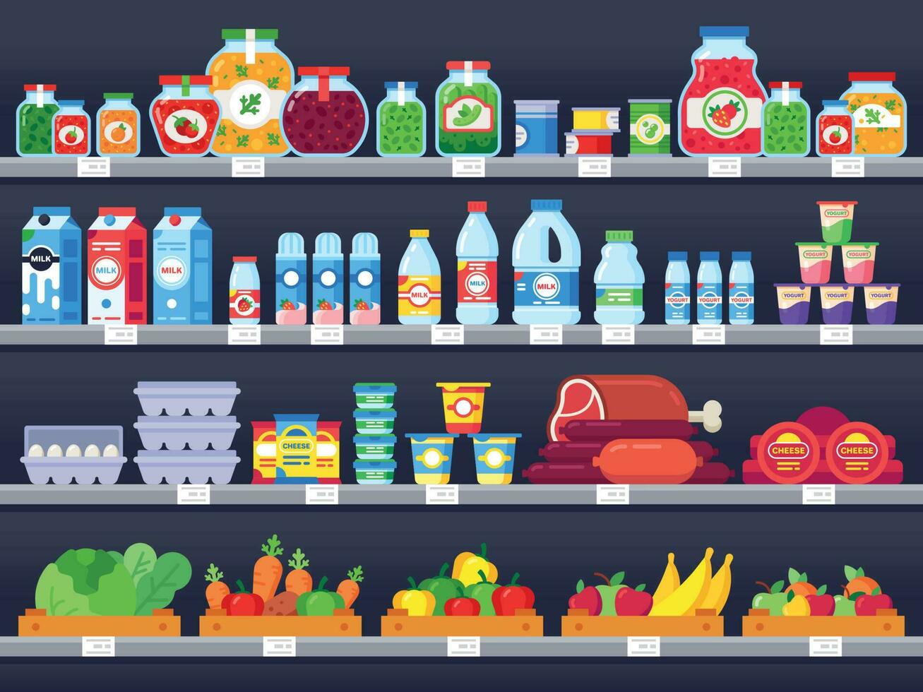 Food products on shop shelf. Supermarket shopping shelves, food store showcase and choice packed meal products sale vector illustration