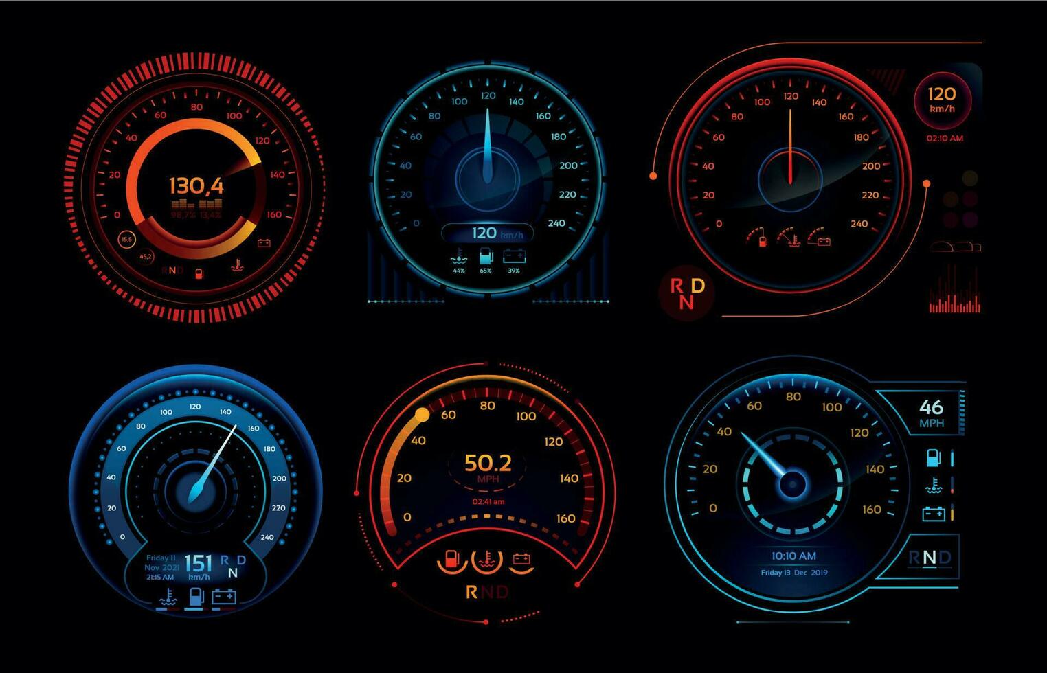 Futuristic car speedometer. Speed hud kilometer performance indicators dashboard, gas and fuel level analog panels vector collection