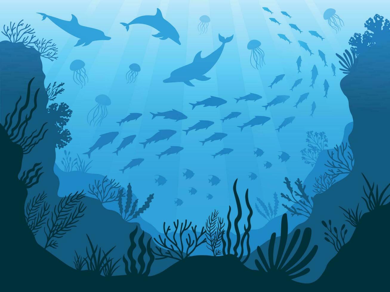 Underwater ocean fauna. Deep sea plants, fishes and animals. Marine seaweed, fish and animal silhouette vector background illustration