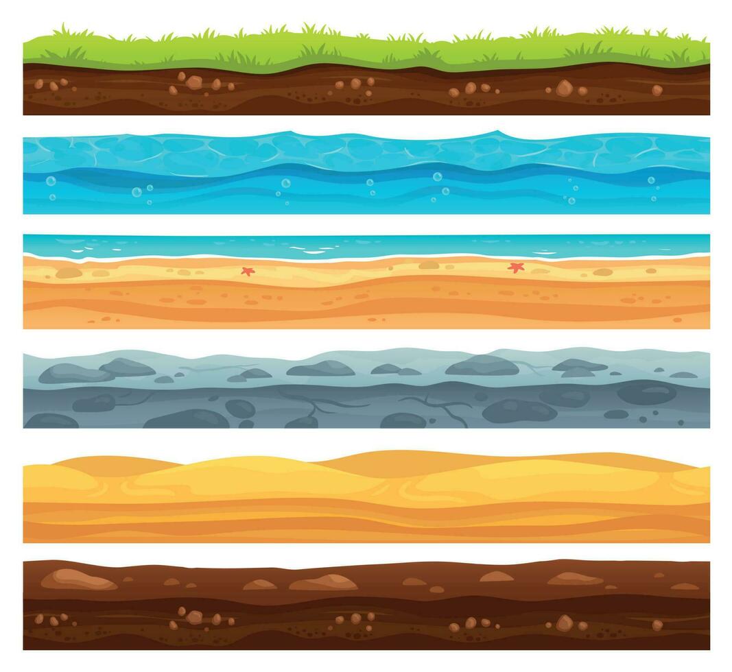 Seamless ground surface. Green grass land landscape, sandy desert and beach with sea water. Grounds layers vector cartoon set