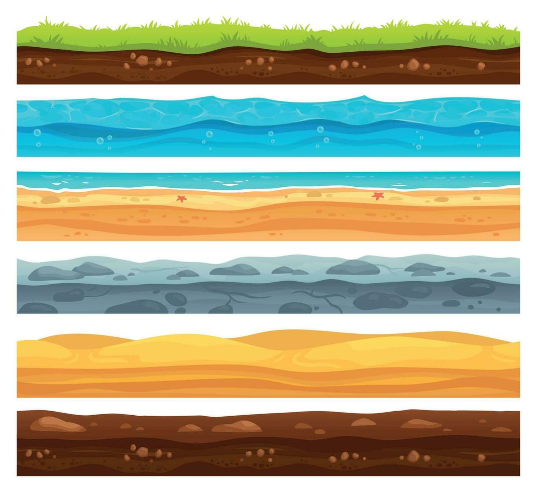 sin costura suelo superficie. verde césped tierra paisaje, arenoso Desierto y playa con mar agua. jardines capas vector dibujos animados conjunto