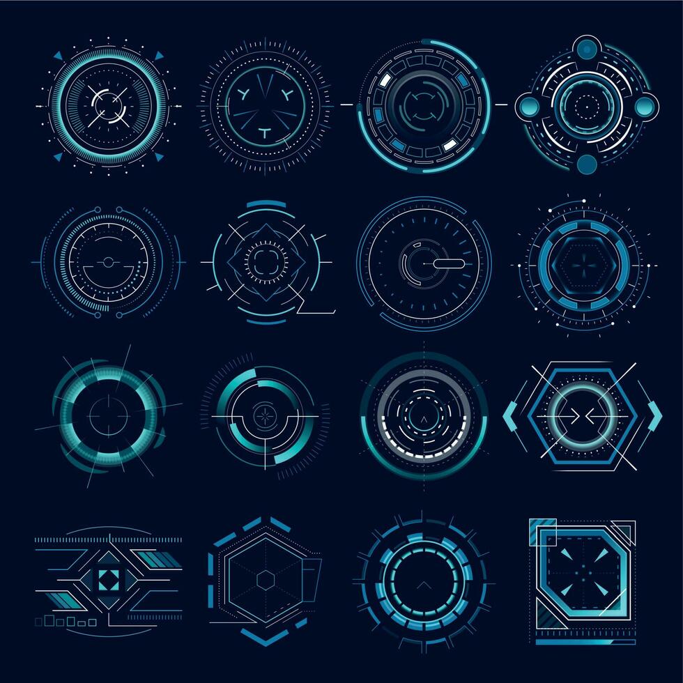 Futuristic optical aim. Military collimator sight, gun targets focus range indication. Sniper weapon target hud aiming vector icons set