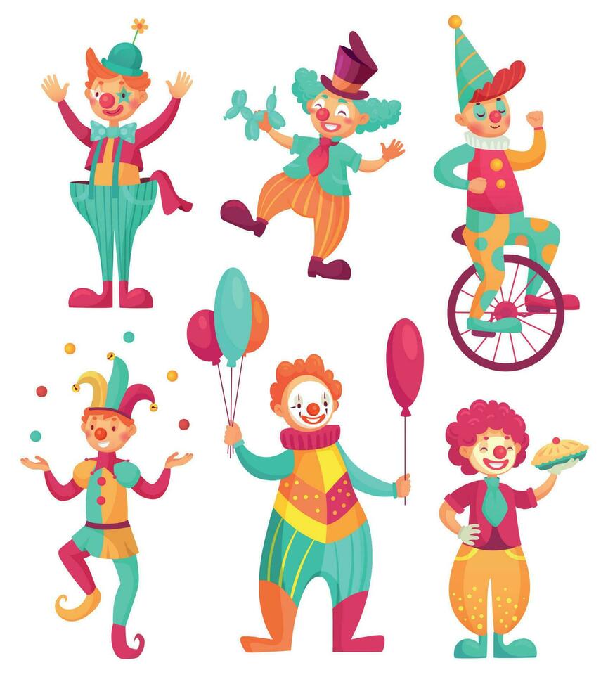 Circus clowns. Cartoon clown comedian juggling, funny clowns nose or jester party circus costume. Vector illustration set