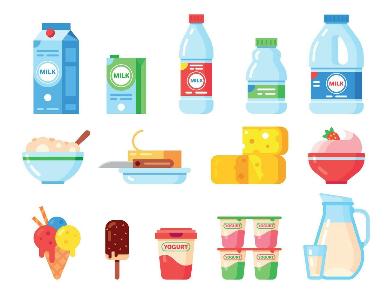 Milk products. Healthy diet yogurt, ice cream and milk cheese. Fresh dairy product isolated vector flat icons collection