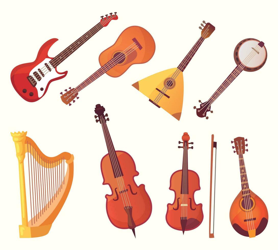 Cartoon musical instruments. Guitars music instrument vector collection