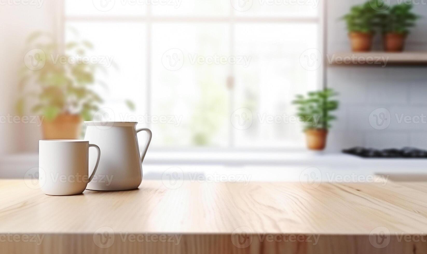 . Empty wooden table in front of blurred kitchen background photo