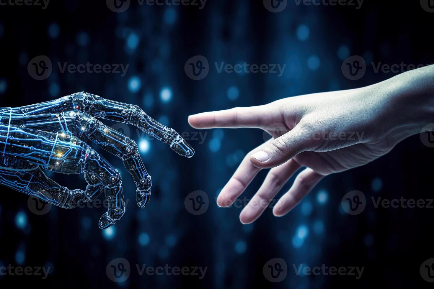 ai generativo. robot y humano manos toque cada otro foto