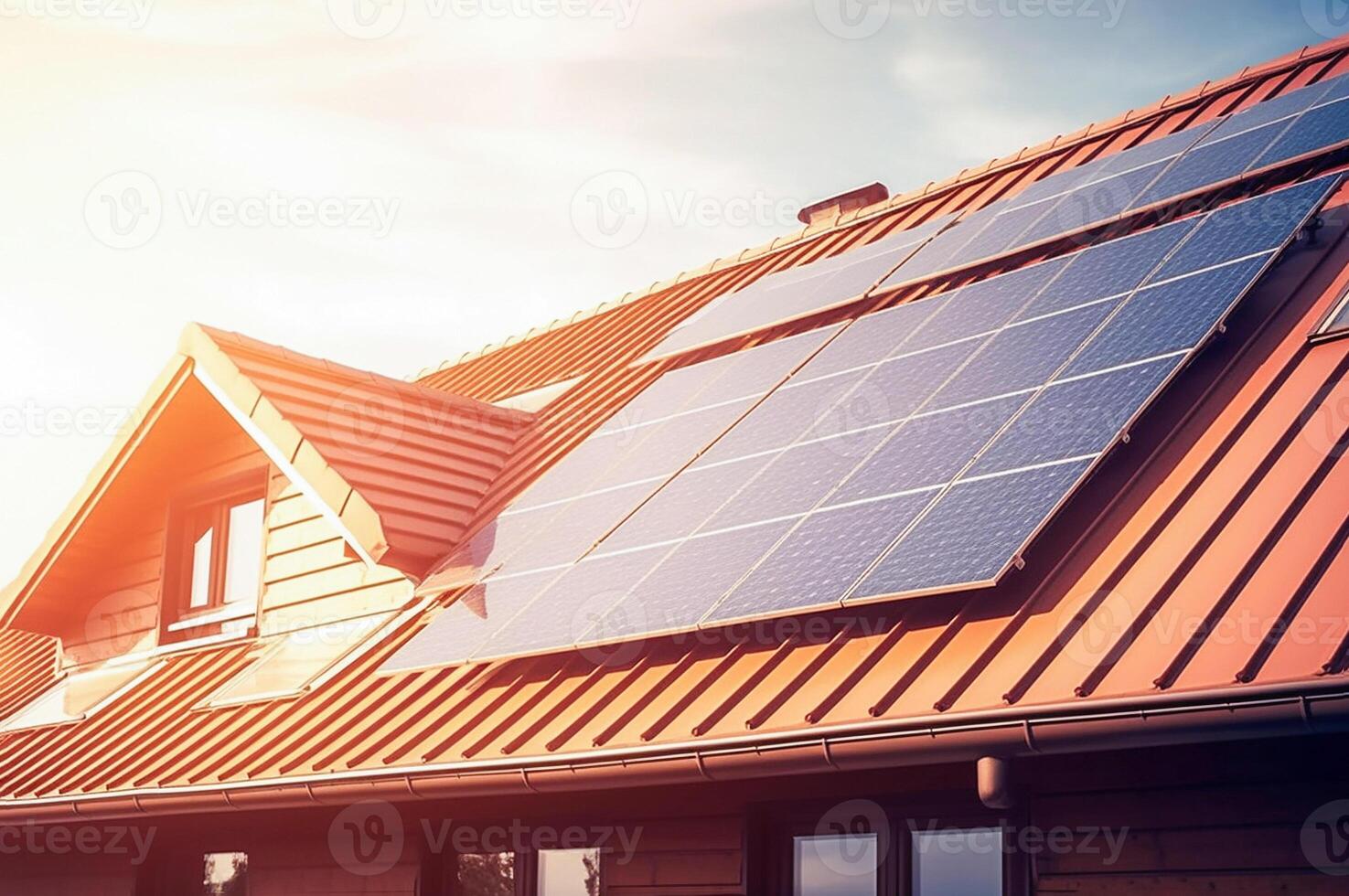 . Solar panels installed and in use on roof of home photo